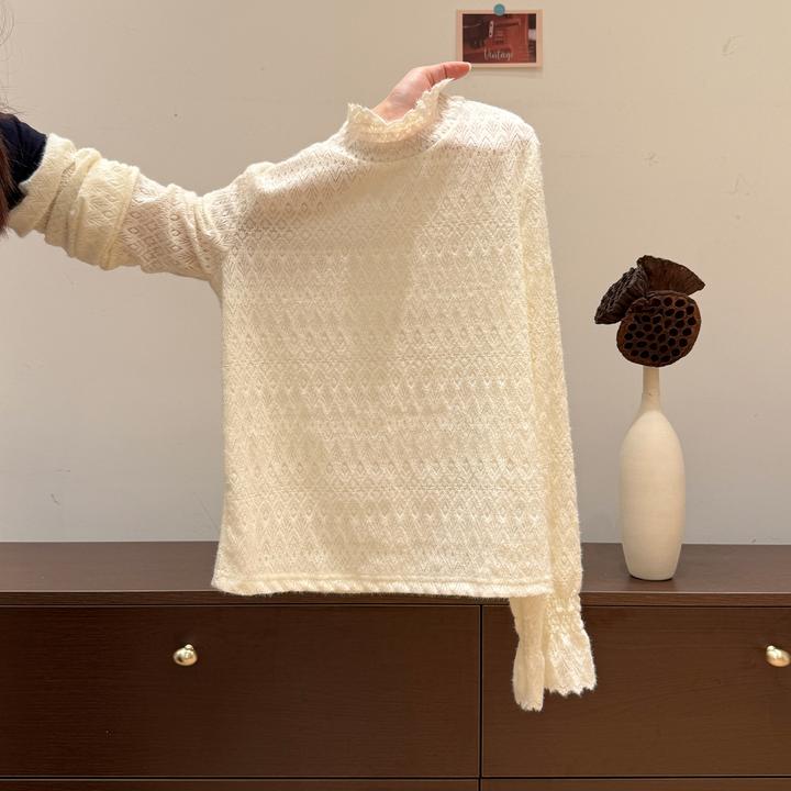 小婉薇 木耳边蕾丝半高领T恤衫女2026秋冬设计感叠穿长袖内搭上衣