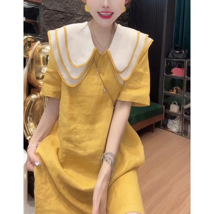 娃娃领短袖气质百搭连衣裙2025夏季新款小众时尚套头减龄中长裙子