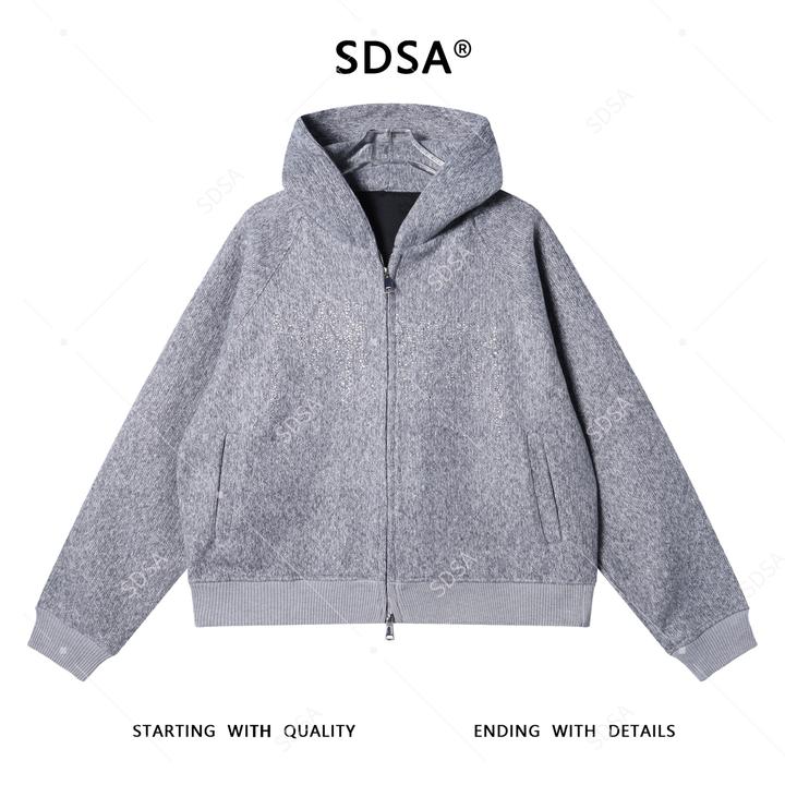 SDSA男士秋冬新款痞帅男装时尚简约烫钻拉链连帽针织卫衣外套百搭