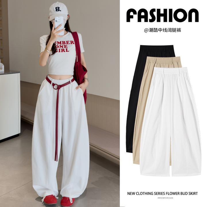 韩系早秋拼接弯刀裤女2025新款夏高腰宽松慵懒风显瘦垂感阔腿裤子