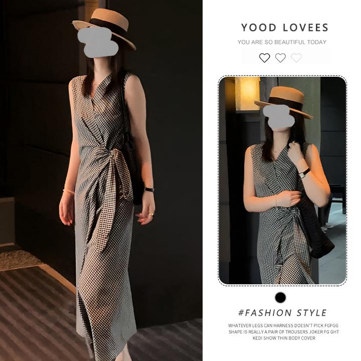 V领系带格子无袖背心裙女夏季收腰显瘦气质通勤法式复古连衣裙女