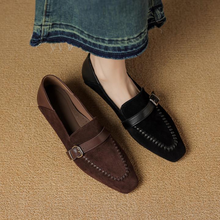 时尚感~2.5cm羊皮是皮带扣方头乐福鞋法式复古平底深口单鞋软底