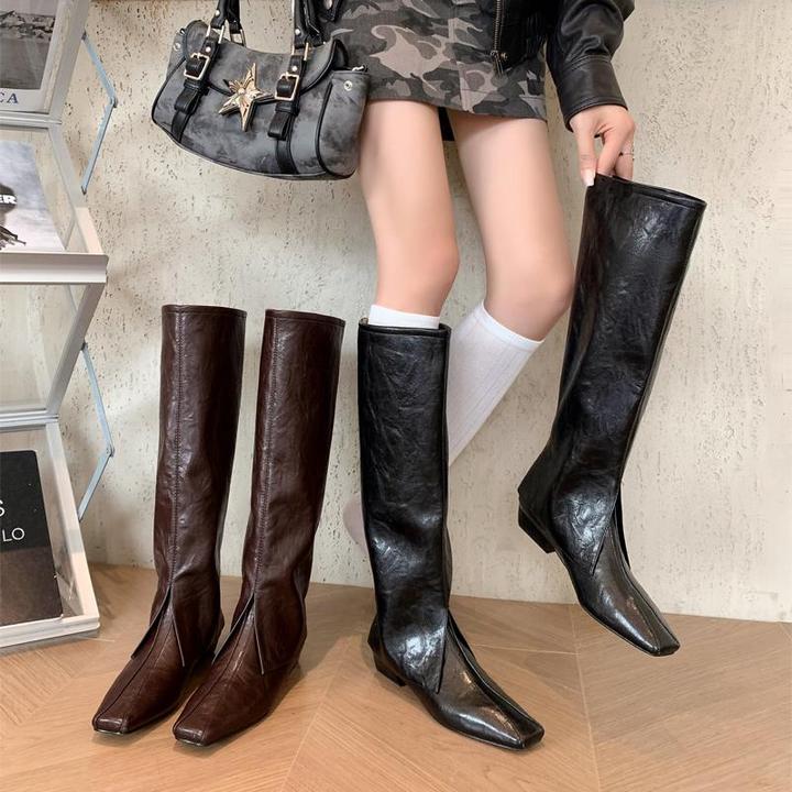 纯手工网红复古高筒裤管靴女2025新款轻熟方头长筒骑士靴瘦瘦靴