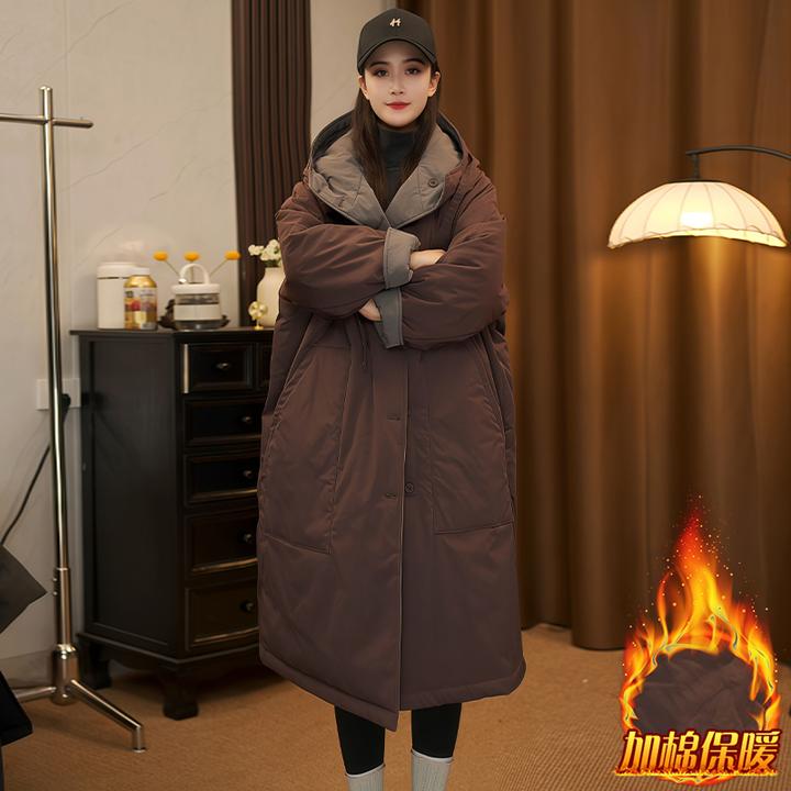 双面穿大口袋长款连帽棉服女2025年冬季新款保暖加厚休闲宽松外套