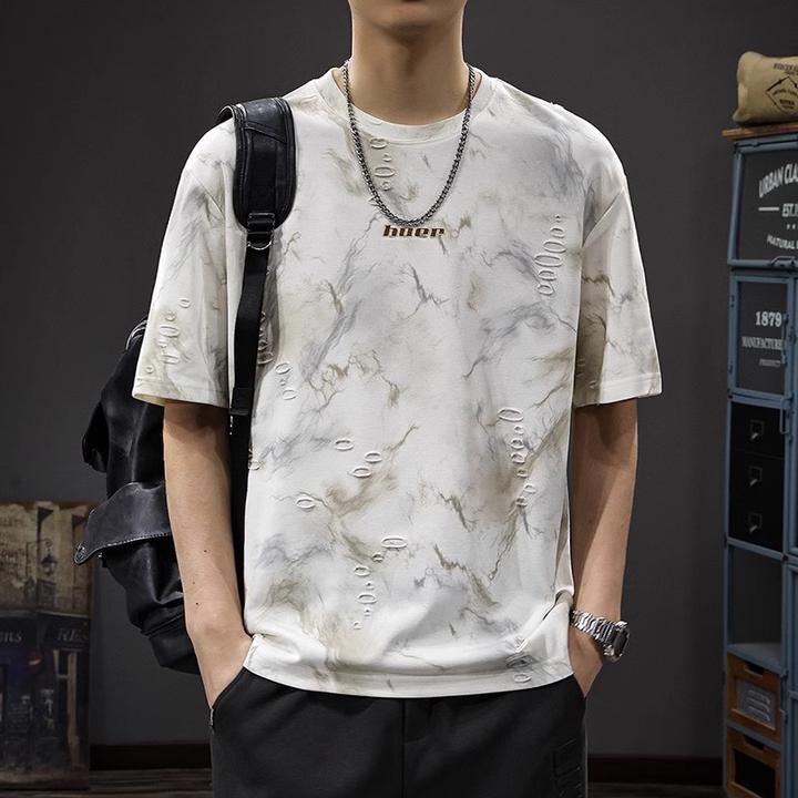 美式重磅复古假破洞短袖t恤男夏季2025新款潮牌宽松大码半袖体恤