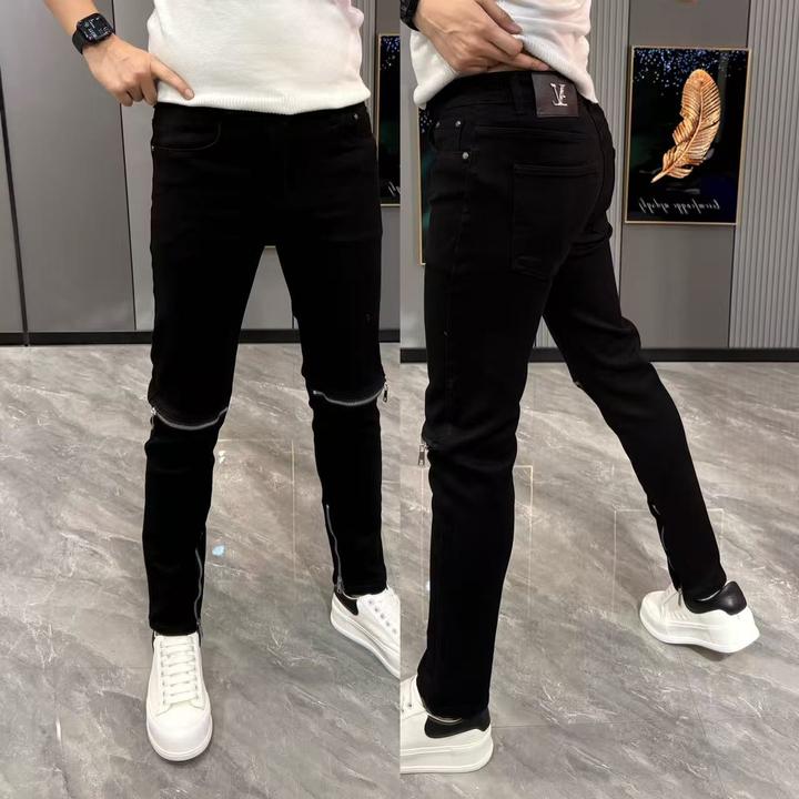 牛仔裤男款冬季新款简约百搭小脚裤百搭男士牛仔裤拼接风拉链男裤