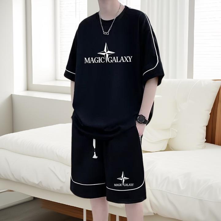 2025夏季男士华夫格宽松休闲青少年学生短袖短裤套装男士两件