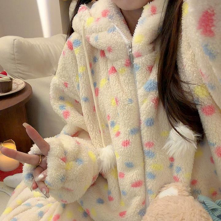 连帽彩色波点可爱睡衣女秋冬季珊瑚绒长袖长裤韩版加厚家居服套装