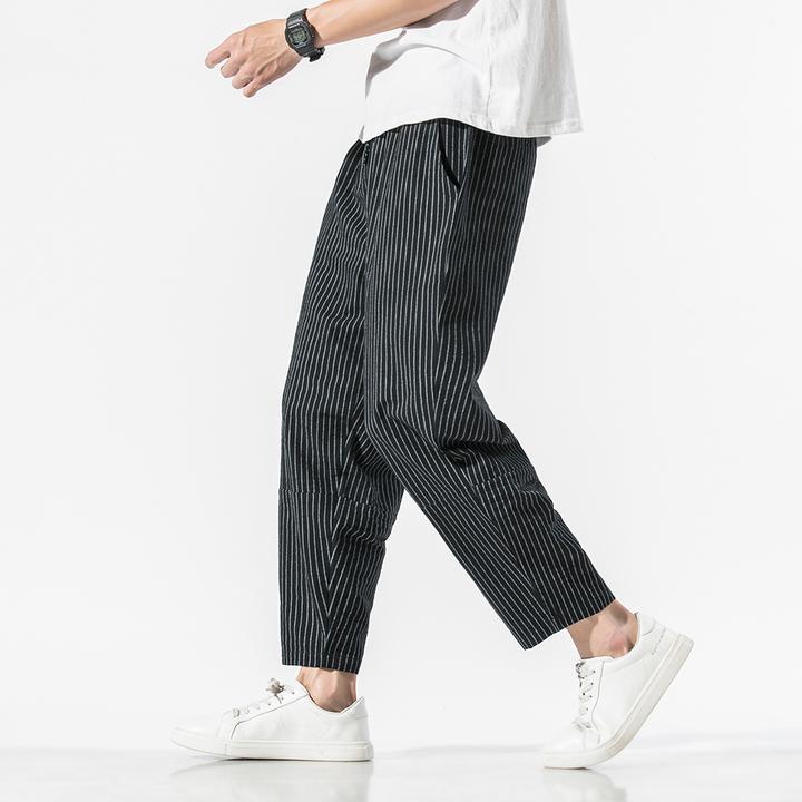 竖条纹运动裤男2025新款休闲九分裤中国风男装大码宽松直筒哈伦裤