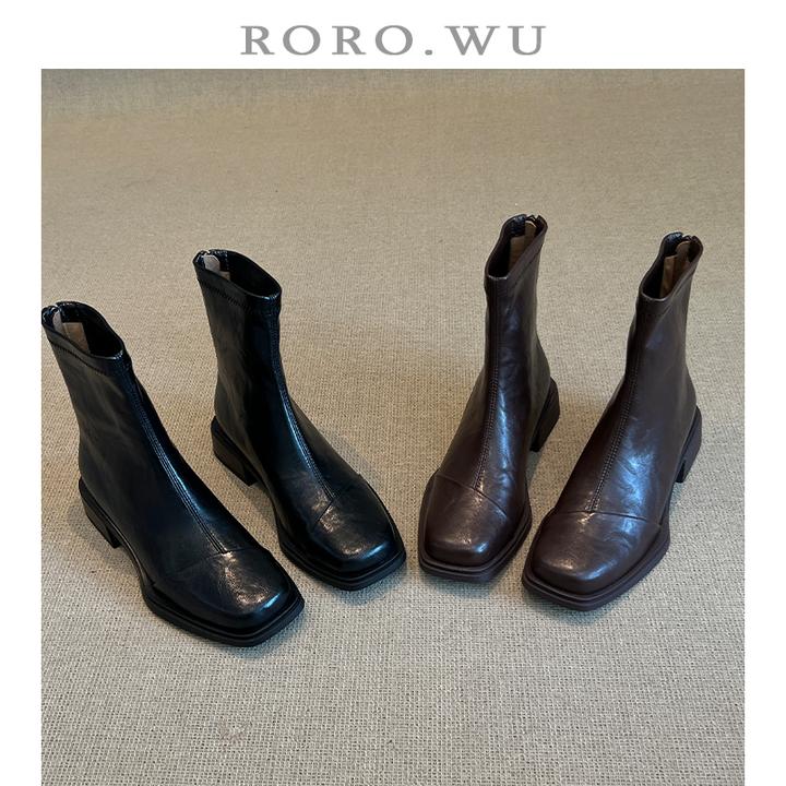 娆娆吴·复古简约轻奢小方头百搭短筒切尔西拉链气质显瘦女靴X459