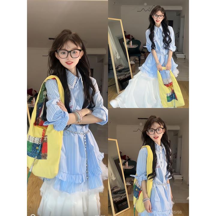少女感可爱风蓝色条纹拼接花边衬衫高腰蕾丝半身裙两件套