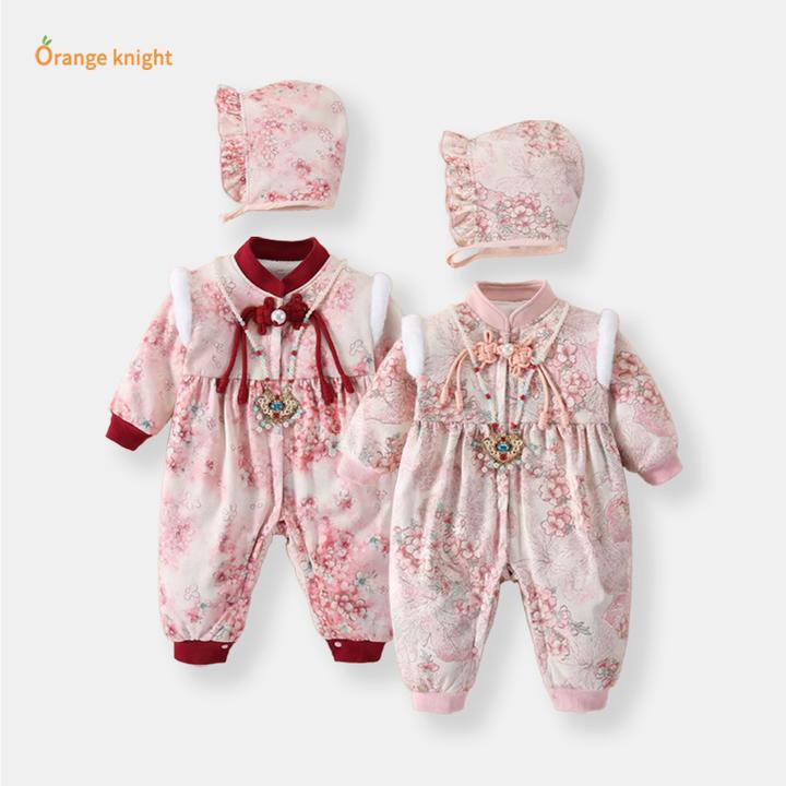 新中式女宝宝连体衣冬装厚款洋气花卉刺绣公主哈衣满月周岁外出服