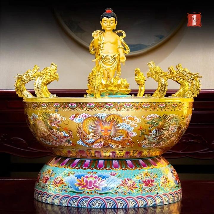 珐琅彩浴盆工艺品九龙吐水喷水释迦牟尼太子像洗浴盆摆件家用创意