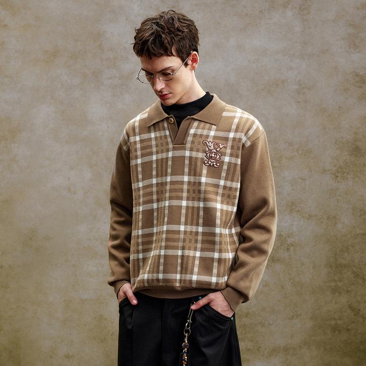 YADcrew美式复古格纹POLO领长袖针织衫时尚通勤新款毛衣