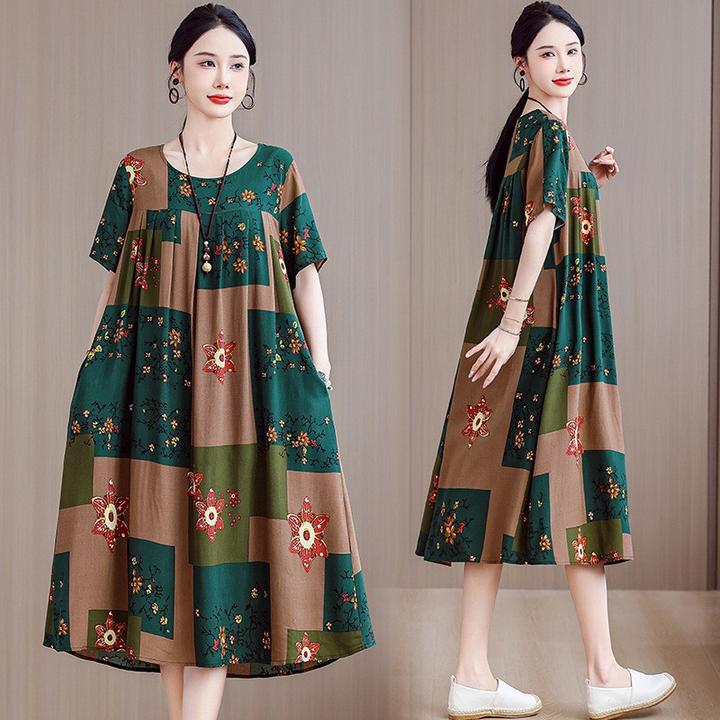 碎花裙女款夏季新款中年女士长裙婚宴气质棉绸连衣裙优雅妈妈装