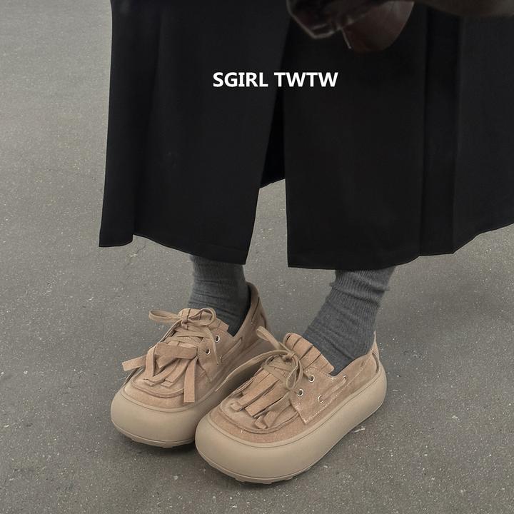 SGIRL TWTW2025年秋季新款真皮流苏厚底松糕鞋百搭休闲面包鞋女鞋