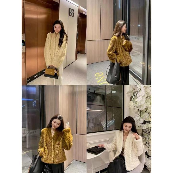 25新款冬季韩系环保金叶貂气质V领轻奢感短款毛毛外套
