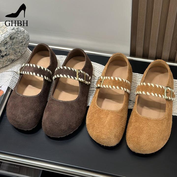 复古磨砂牛皮圆头玛丽珍鞋女新款一字带休闲鞋女鞋平底单鞋女
