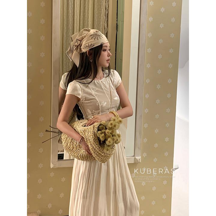 KUBERAS 高级感植绒网纱拼接长款收腰短袖连衣裙法式气质A字长裙