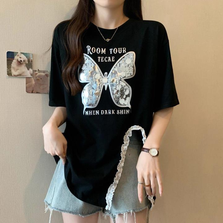 大码胖mm正肩短袖t恤女夏季新款宽松显瘦设计感别致独特遮肉上衣