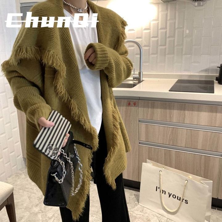 淳启秋冬气质开衫大翻领针织衫中长款百搭毛衣女宽松显瘦外套潮流