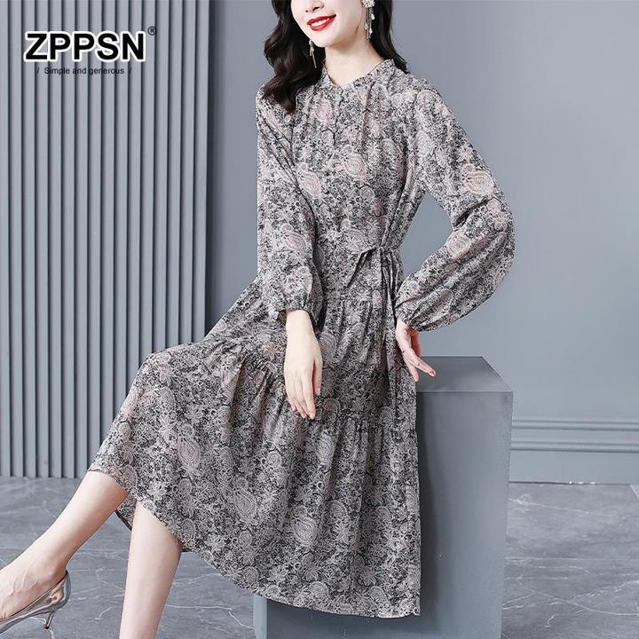 ZPPSN/雪纺连衣裙春2025新款高贵优雅大方气质显瘦裙法式复古碎花
