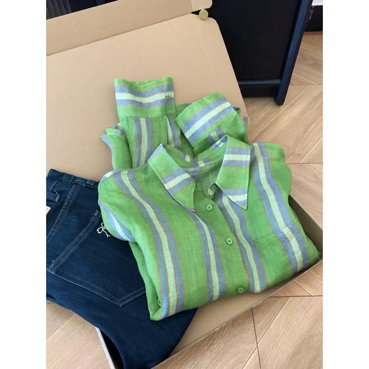 韩版单排扣拼色设计感绿条纹衬衫女2025秋季薄款复古百搭长袖上衣