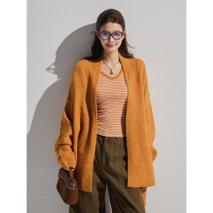 谢不肉 宽松无领长袖毛衣开衫女秋季老钱休闲中长款外套50857