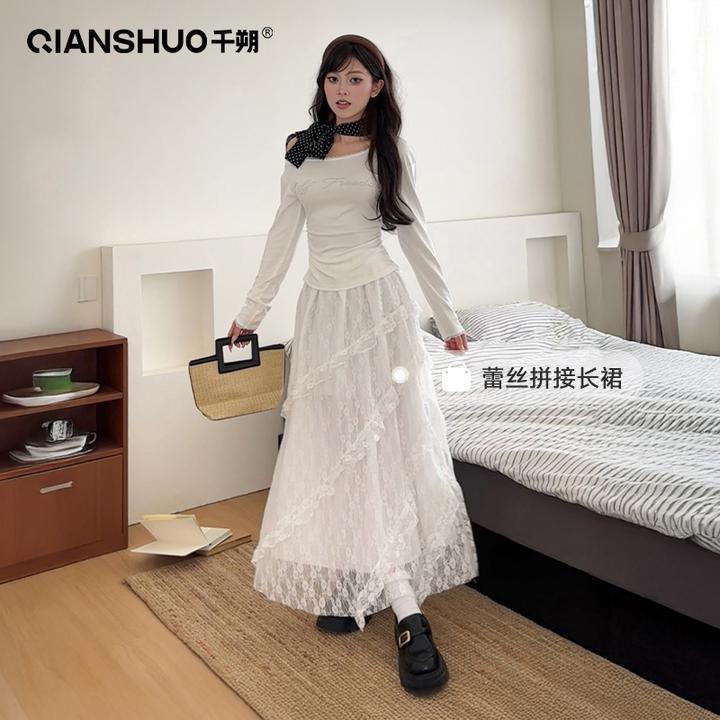 千朔不规则蕾丝白色半身裙春秋季新款蛋糕裙小众仙女中长款长裙子