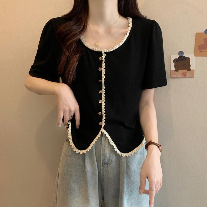 大码女装V领镂空短袖女2025夏季新款胖mm不规则开叉针织衫