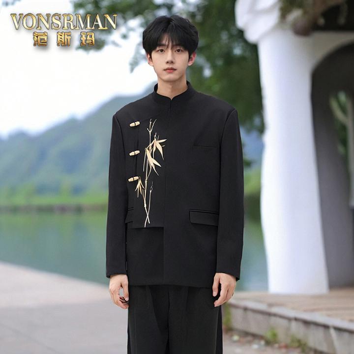 中山装西服男新中式西装套装新郎结婚礼服主持订婚唐装刺绣