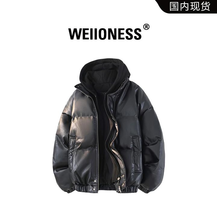 WEIIONESS毛领连帽设计棉服男士秋冬季新款简约加厚保暖棉衣外套