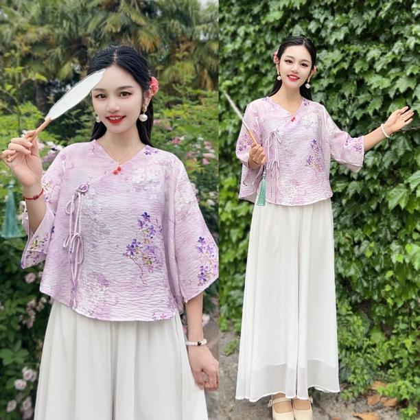 夏季短版小衫文艺复古女装民国风学生茶艺师茶服低领上衣中袖宽松