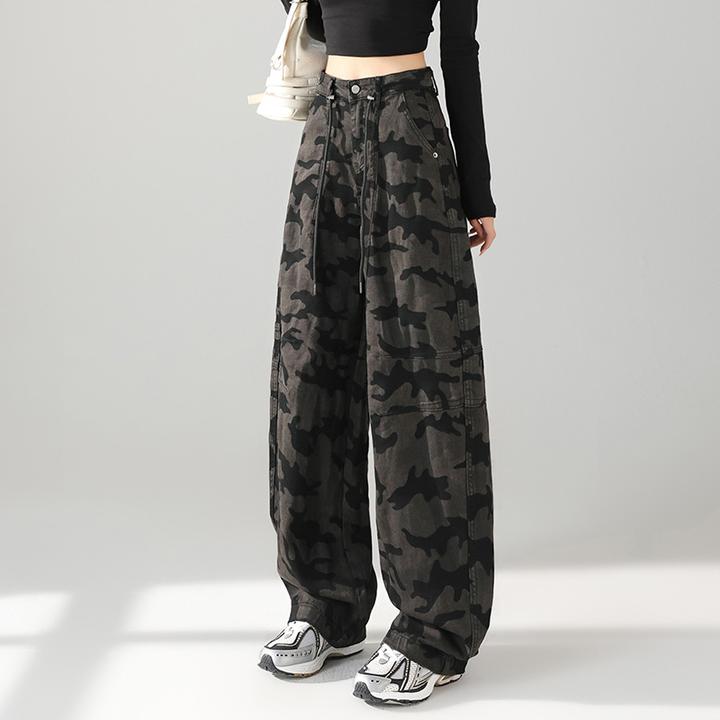 迷彩阔腿牛仔裤女春秋季新款2025美式高腰胖mm窄版加长直筒弯刀裤