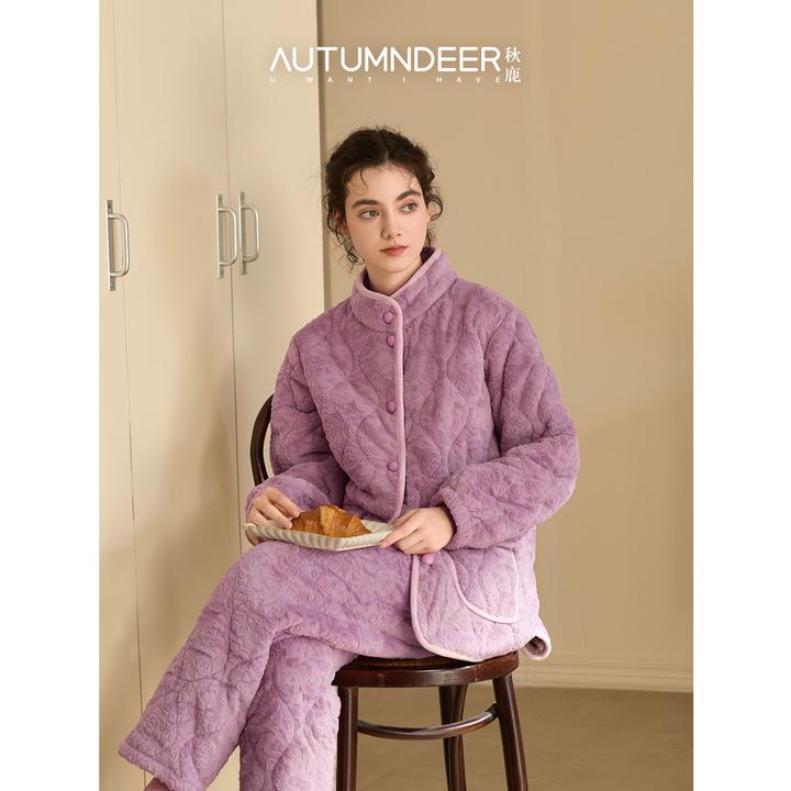 秋鹿三层夹棉加厚法兰绒烂花棉洋气暗纹提花时尚长袖长裤立领女套