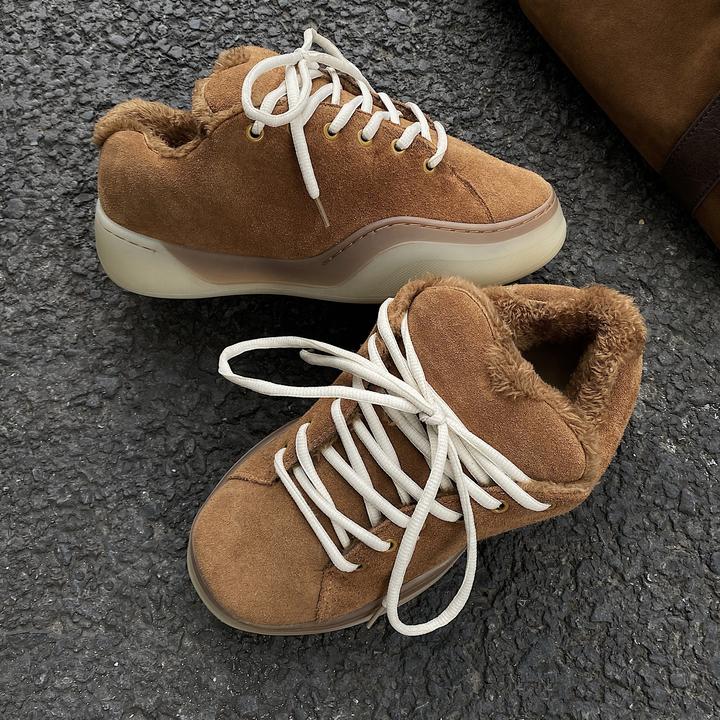 黄棕色秋冬氛围感加厚加绒休闲板鞋大头丑萌厚底潮鞋情侣百搭棉鞋