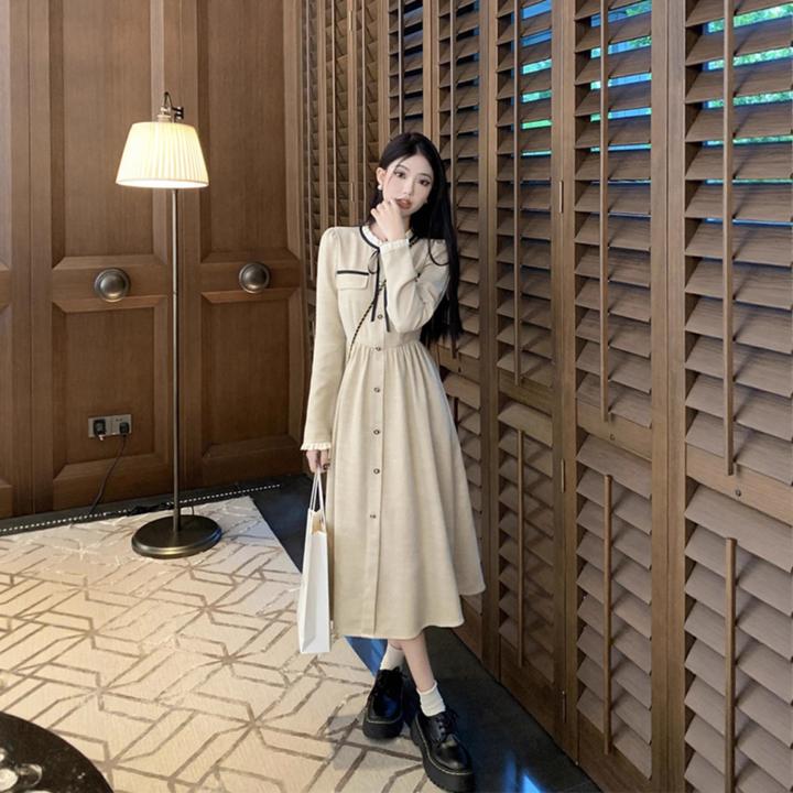 美丽装扮~秋装小香风连衣裙新款名媛气质收腰中长款系带长袖裙子