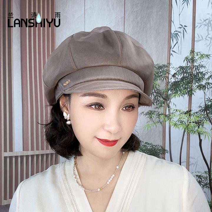 兰诗雨桑蚕丝女休闲时尚百搭大头围八角帽显脸小画家帽遮白发帽子