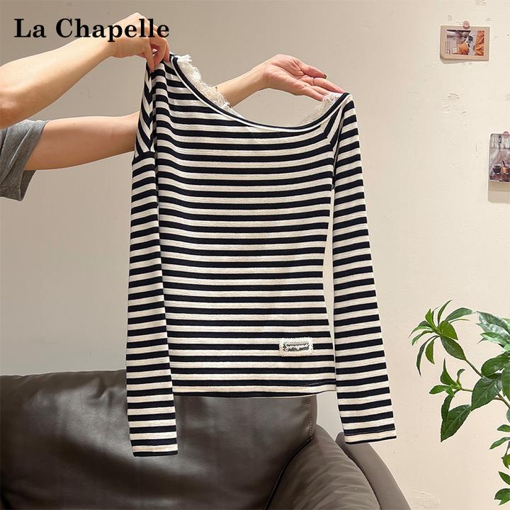 拉夏贝尔蕾丝花边性感斜肩露肩条纹撞色修身长袖T恤女秋新款上衣