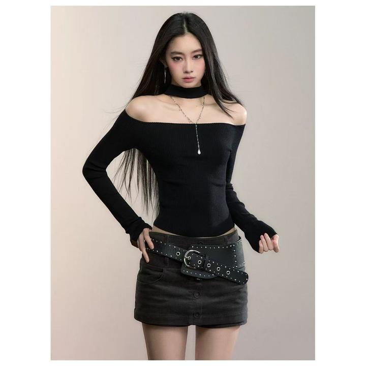 设计感正反两穿小高领露肩毛针织打底T恤女装秋冬修身上衣