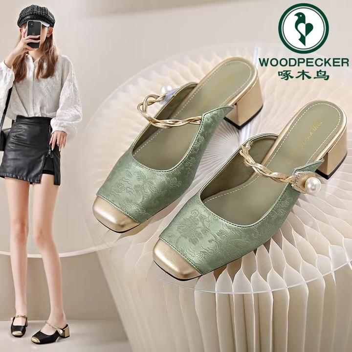 啄木鸟法式一字半拖2025夏季新款仙女风包头时尚粗跟玛丽珍凉拖鞋