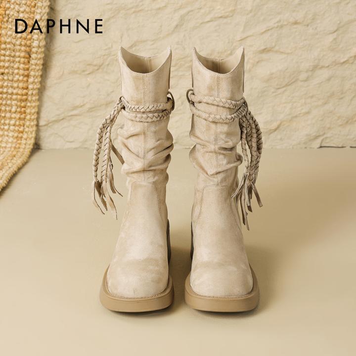 达芙妮品牌正品美拉德中筒靴子2025年秋季棕色西部牛仔堆堆时装靴