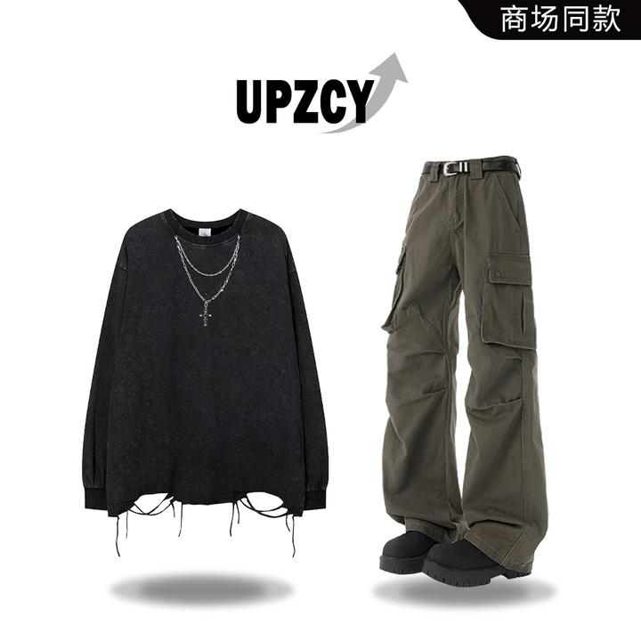 UPZCY美式潮流破洞T恤套装男春秋纯棉宽松痞帅休闲时尚伐木工装裤