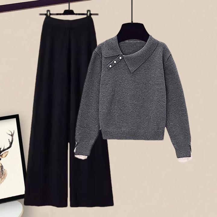 秋冬新款韩系穿搭一整套蕾丝拼接翻领针织衫高腰垂感阔腿裤两件套