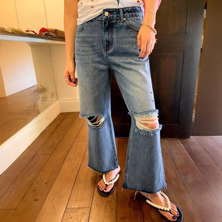设计感水洗破洞微喇牛仔裤女2025秋季新款高腰宽松显瘦九分喇叭裤