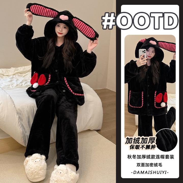 【加绒加厚】诺盾秋冬季珊瑚绒睡衣女甜美连帽保暖长毛绒家居服套装