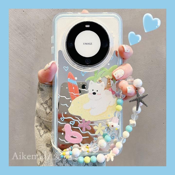 适用华为mate70pro+手机壳卡通沙滩滑板Mate60pro+西高地狗狗镜面