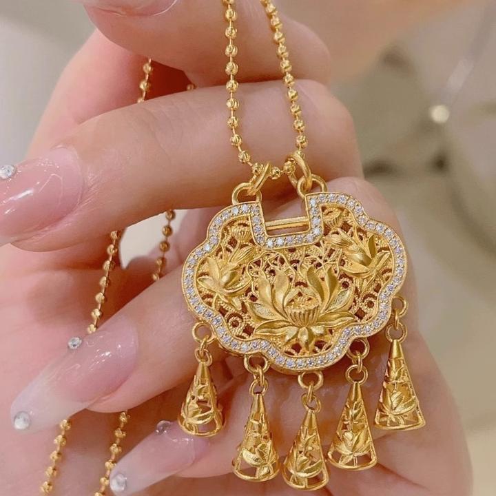 铜合金项链 黄金色莲花项链古法同心锁吊坠富贵精致平安锁包项链