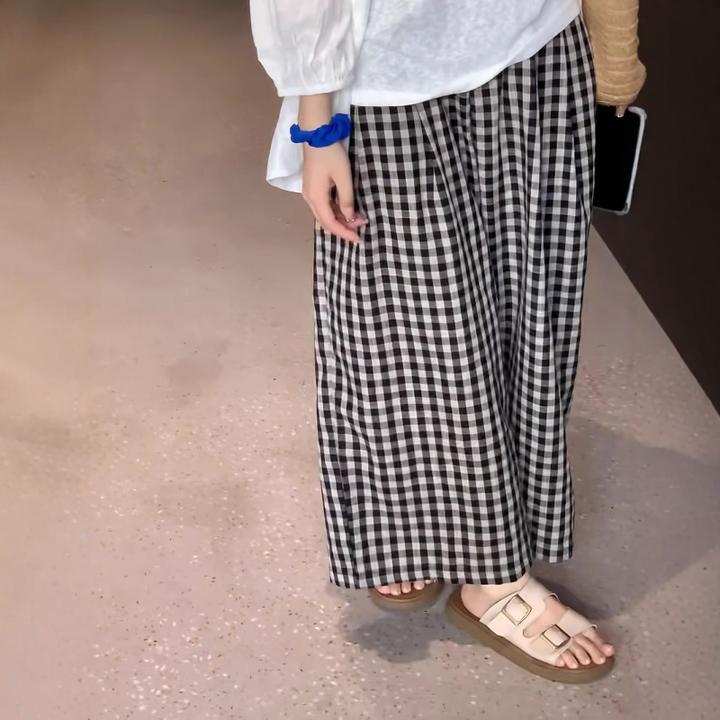 日系亚麻撞色设计感格子阔腿裤女夏季薄款休闲百搭直筒九分裤ins