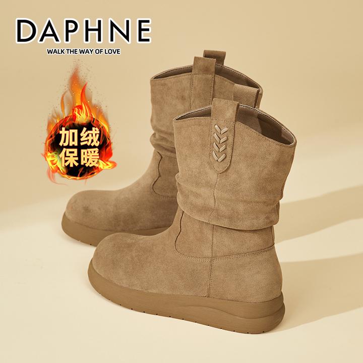 达芙妮复古厚底短靴女2025新款冬季加绒靴子西部牛仔靴堆堆马丁靴